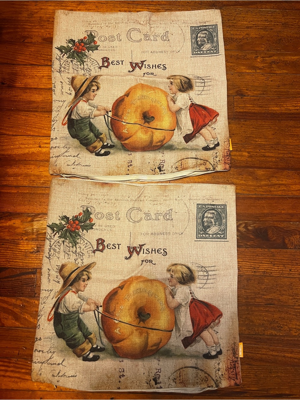 Vintage-Inspired Pumpkin Postcard Decorative Pillow Covers - Beige and Orange